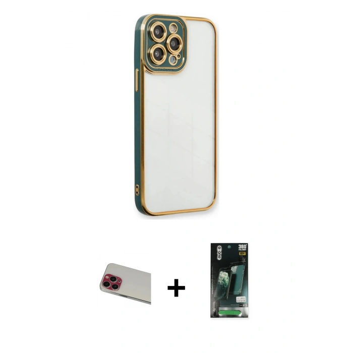 MARSİLYAN™- iPhone 13 Pro Max Kılıf Çekirdek Klasik Serisi - Şeffaf 360 Full Body Arka Koruyucu + Rainbow Kamera Lens Koruma Cam - KI