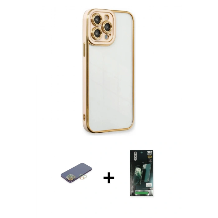 MARSİLYAN™- iPhone 13 Pro Max Kılıf Çekirdek Klasik Serisi - Şeffaf 360 Full Body Arka Koruyucu + Renkli Kamera Lens Koruma Cam - SI
