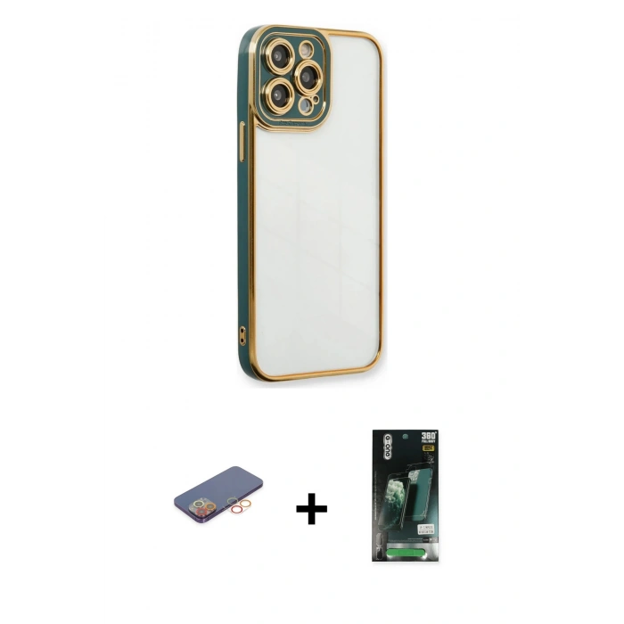 MARSİLYAN™- iPhone 13 Pro Max Kılıf Çekirdek Klasik Serisi - Şeffaf 360 Full Body Arka Koruyucu + Renkli Kamera Lens Koruma Cam - TU