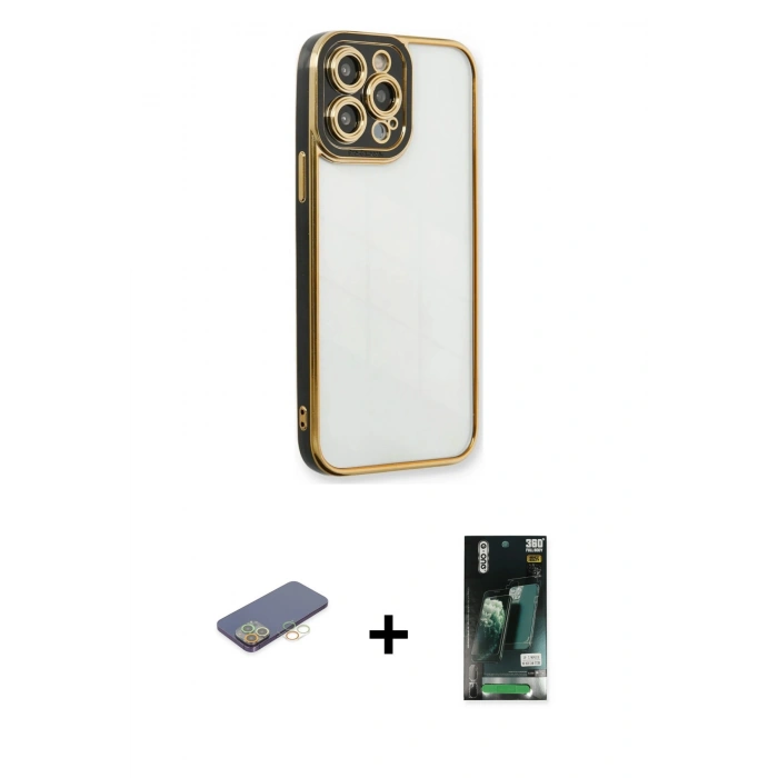 MARSİLYAN™- iPhone 13 Pro Max Kılıf Çekirdek Klasik Serisi - Şeffaf 360 Full Body Arka Koruyucu + Renkli Kamera Lens Koruma Cam - SI