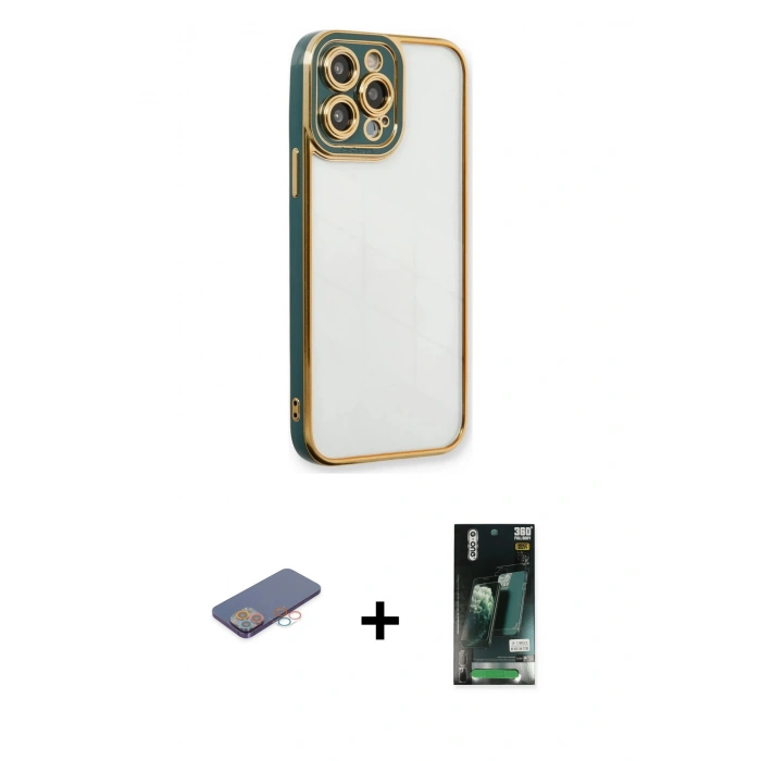 MARSİLYAN™- iPhone 13 Pro Max Kılıf Çekirdek Klasik Serisi - Şeffaf 360 Full Body Arka Koruyucu + Renkli Kamera Lens Koruma Cam - PE