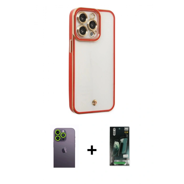 MARSİLYAN™- iPhone 13 Pro Max Kılıf Çekirdek Klasik Serisi - Şeffaf 360 Full Body Arka Koruyucu + Neon Fosforlu Kamera Lens - YL