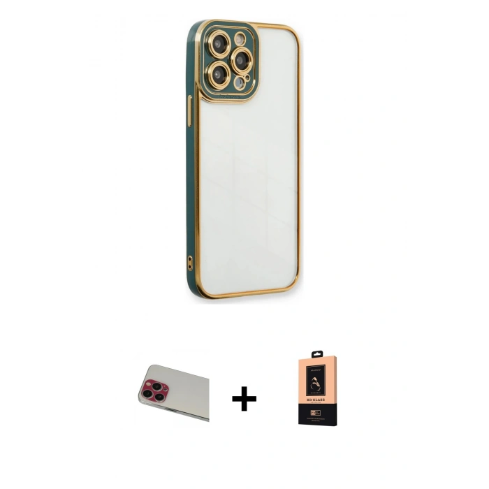 MARSİLYAN™- iPhone 13 Pro Max Kılıf Çekirdek Klasik Serisi - Şeffaf Maxco Cam Ekran Koruyucu + Kırmızı Rainbow Kamera Lens Koruma Cam