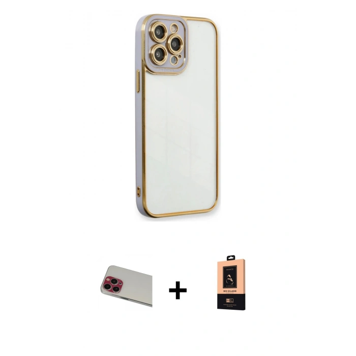 MARSİLYAN™- iPhone 13 Pro Max Kılıf Çekirdek Klasik Serisi - Şeffaf Maxco Cam Ekran Koruyucu + Kırmızı Rainbow Kamera Lens Koruma Cam