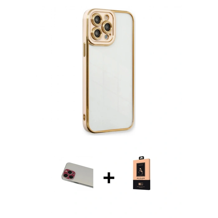 MARSİLYAN™- iPhone 13 Pro Max Kılıf Çekirdek Klasik Serisi - Şeffaf Maxco Cam Ekran Koruyucu + Kırmızı Rainbow Kamera Lens Koruma Cam