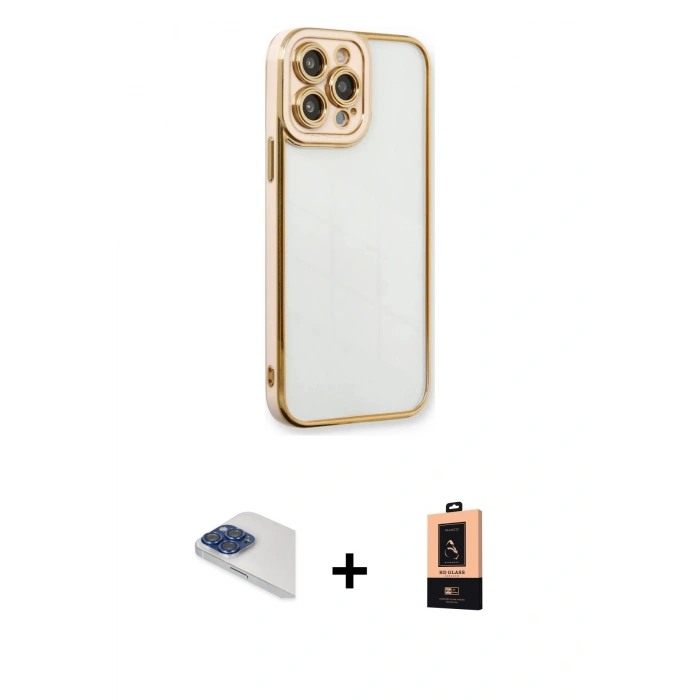 MARSİLYAN™- iPhone 13 Pro Max Kılıf Çekirdek Klasik Serisi - Şeffaf Maxco Cam Ekran Koruyucu + Pers Alüminyum Kamera Lens - LT