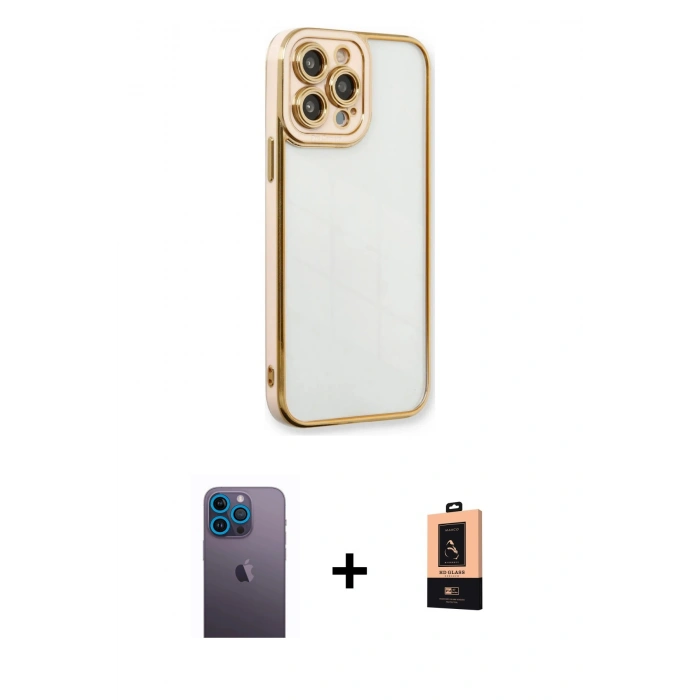 MARSİLYAN™- iPhone 13 Pro Max Kılıf Çekirdek Klasik Serisi - Şeffaf Maxco Cam Ekran Koruyucu + Neon Fosforlu Kamera Lens - MI