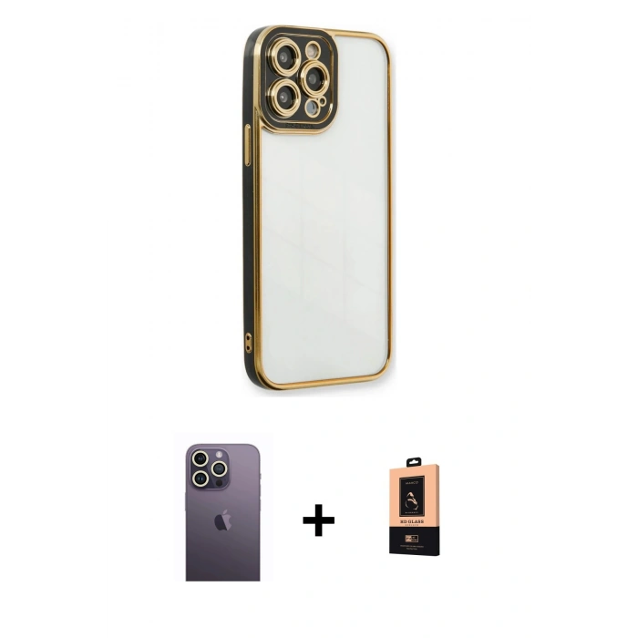 MARSİLYAN™- iPhone 13 Pro Max Kılıf Çekirdek Klasik Serisi - Şeffaf Maxco Cam Ekran Koruyucu + Neon Fosforlu Kamera Lens - BZ