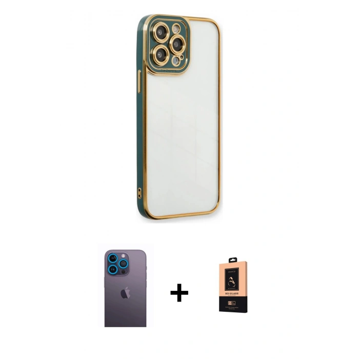 MARSİLYAN™- iPhone 13 Pro Max Kılıf Çekirdek Klasik Serisi - Şeffaf Maxco Cam Ekran Koruyucu + Neon Fosforlu Kamera Lens - MI