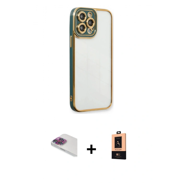 MARSİLYAN™- iPhone 13 Pro Max Kılıf Çekirdek Klasik Serisi - Şeffaf Maxco Cam Ekran Koruyucu + Pers Alüminyum Kamera Lens - GI