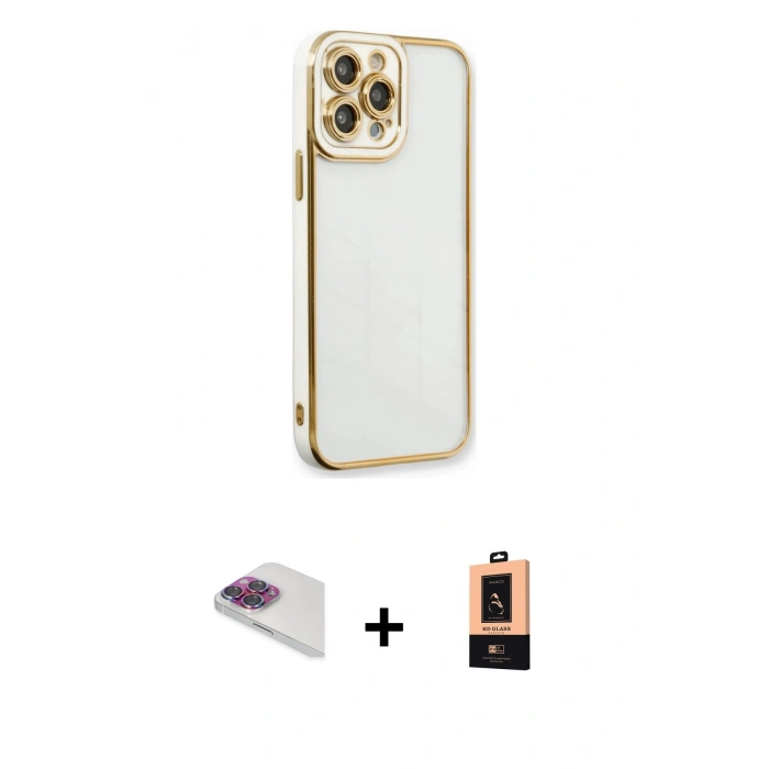 MARSİLYAN™- iPhone 13 Pro Max Kılıf Çekirdek Klasik Serisi - Şeffaf Maxco Cam Ekran Koruyucu + Pers Alüminyum Kamera Lens - GI
