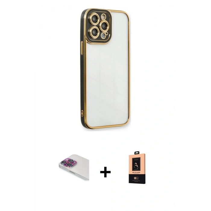 MARSİLYAN™- iPhone 13 Pro Max Kılıf Çekirdek Klasik Serisi - Şeffaf Maxco Cam Ekran Koruyucu + Pers Alüminyum Kamera Lens - GI