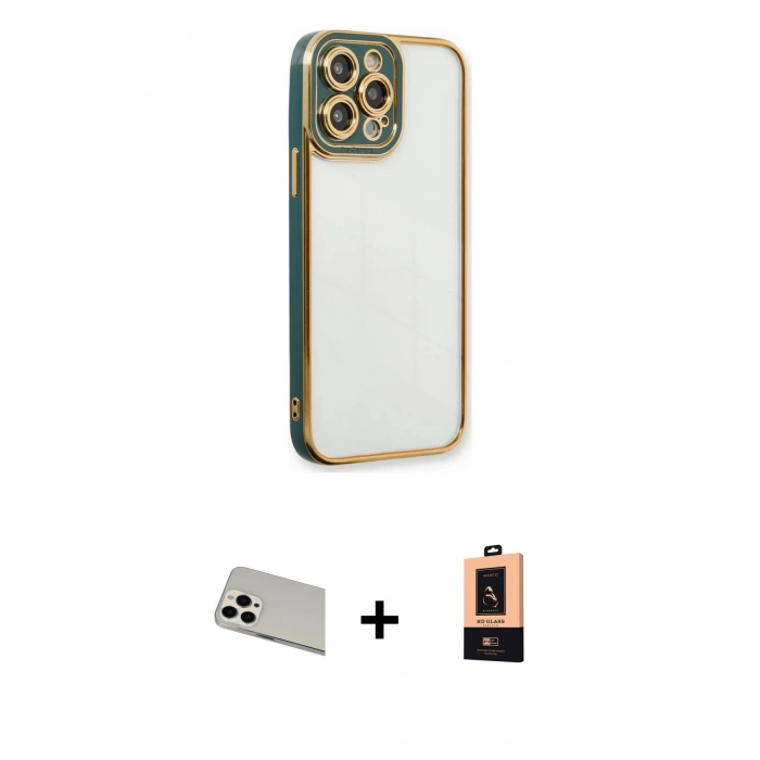 MARSİLYAN™- iPhone 13 Pro Max Kılıf Çekirdek Klasik Serisi - Şeffaf Maxco Cam Ekran Koruyucu + Rainbow Kamera Lens Koruma Cam - BZ
