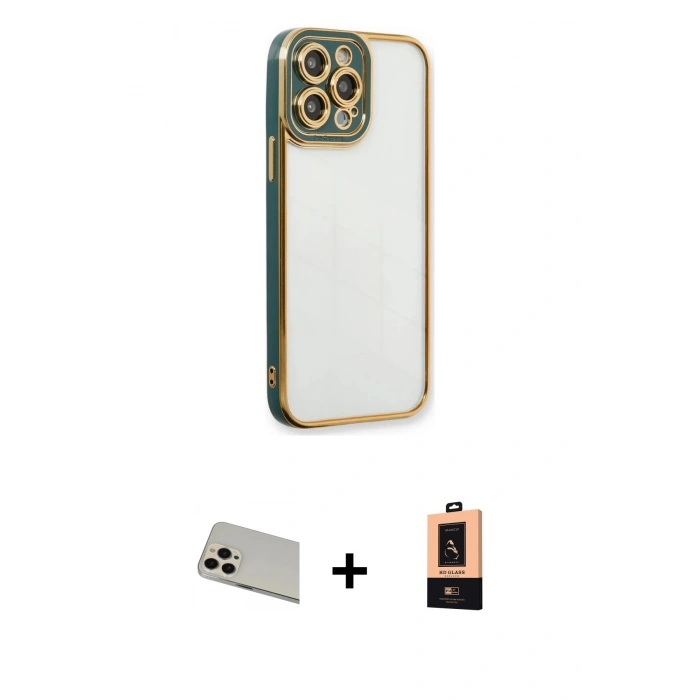 MARSİLYAN™- iPhone 13 Pro Max Kılıf Çekirdek Klasik Serisi - Şeffaf Maxco Cam Ekran Koruyucu + Rainbow Kamera Lens Koruma Cam - REGD