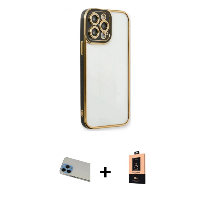 MARSİLYAN™- iPhone 13 Pro Max Kılıf Çekirdek Klasik Serisi - Şeffaf Maxco Cam Ekran Koruyucu + Rainbow Kamera Lens Koruma Cam - MI