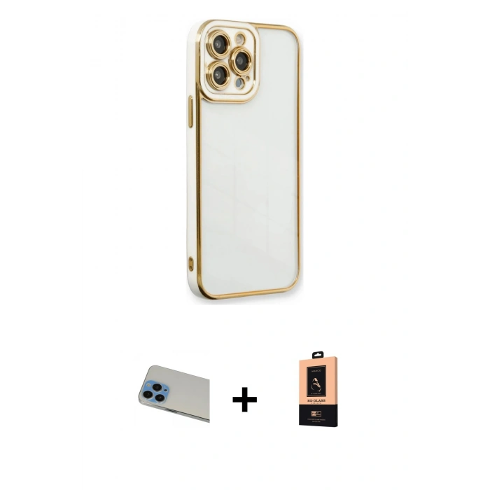 MARSİLYAN™- iPhone 13 Pro Max Kılıf Çekirdek Klasik Serisi - Şeffaf Maxco Cam Ekran Koruyucu + Rainbow Kamera Lens Koruma Cam - MI