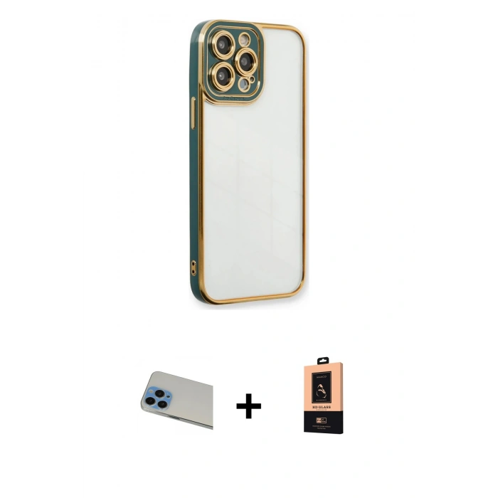 MARSİLYAN™- iPhone 13 Pro Max Kılıf Çekirdek Klasik Serisi - Şeffaf Maxco Cam Ekran Koruyucu + Rainbow Kamera Lens Koruma Cam - MI