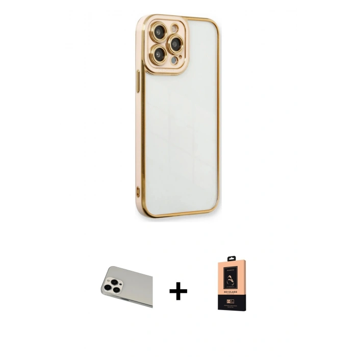 MARSİLYAN™- iPhone 13 Pro Max Kılıf Çekirdek Klasik Serisi - Şeffaf Maxco Cam Ekran Koruyucu + Rainbow Kamera Lens Koruma Cam - BZ