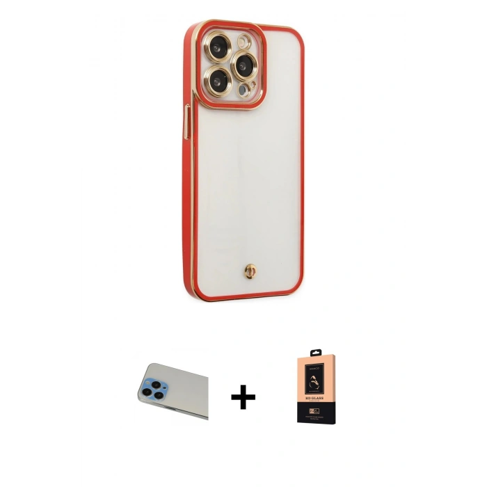 MARSİLYAN™- iPhone 13 Pro Max Kılıf Çekirdek Klasik Serisi - Şeffaf Maxco Cam Ekran Koruyucu + Rainbow Kamera Lens Koruma Cam - MI