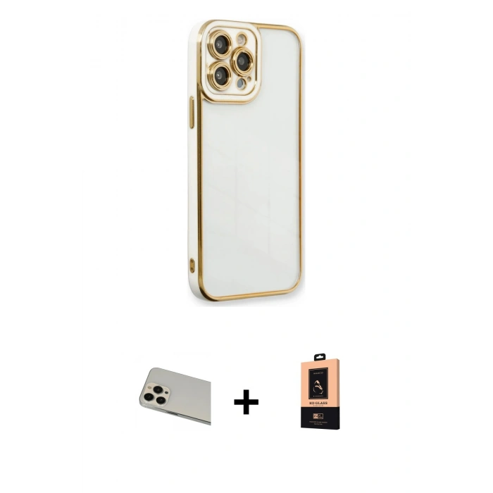 MARSİLYAN™- iPhone 13 Pro Max Kılıf Çekirdek Klasik Serisi - Şeffaf Maxco Cam Ekran Koruyucu + Rainbow Kamera Lens Koruma Cam - REGD