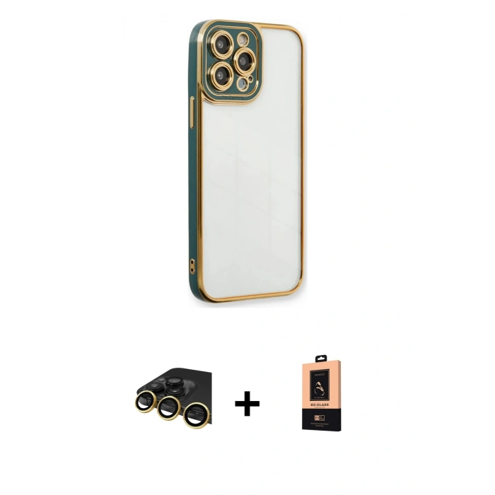MARSİLYAN™- iPhone 13 Pro Max Kılıf Çekirdek Klasik Serisi - Şeffaf Maxco Cam Ekran Koruyucu + Raze Metal Kamera Lens - GD