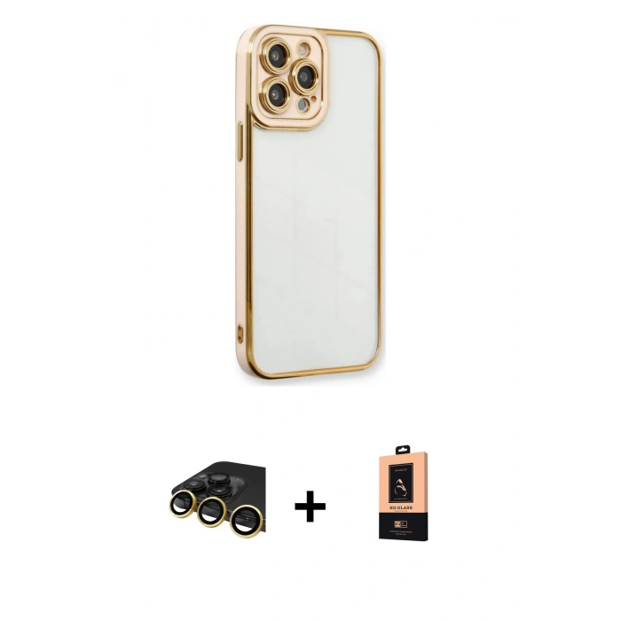 MARSİLYAN™- iPhone 13 Pro Max Kılıf Çekirdek Klasik Serisi - Şeffaf Maxco Cam Ekran Koruyucu + Raze Metal Kamera Lens - GD