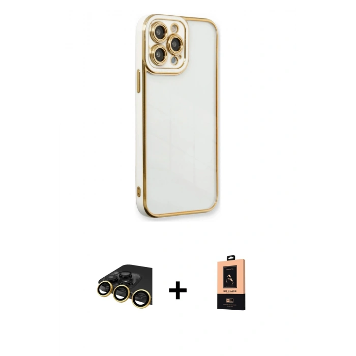 MARSİLYAN™- iPhone 13 Pro Max Kılıf Çekirdek Klasik Serisi - Şeffaf Maxco Cam Ekran Koruyucu + Raze Metal Kamera Lens - GD