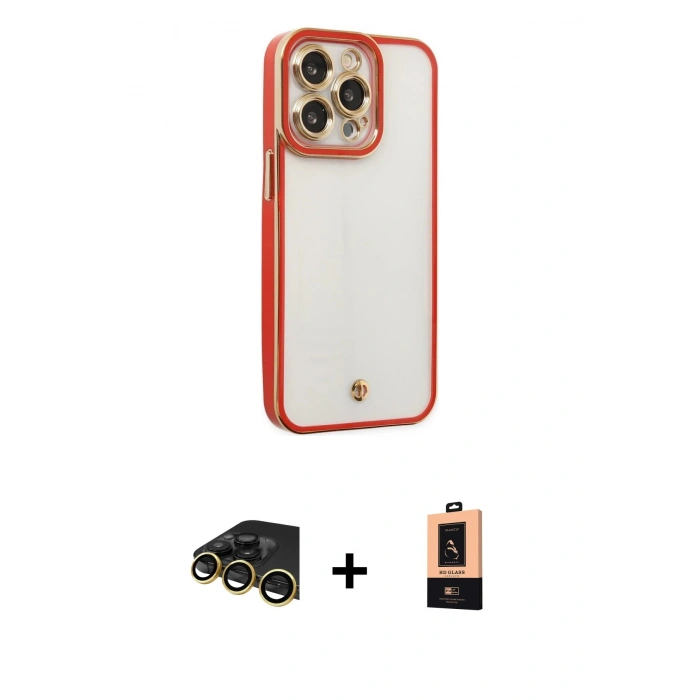 MARSİLYAN™- iPhone 13 Pro Max Kılıf Çekirdek Klasik Serisi - Şeffaf Maxco Cam Ekran Koruyucu + Raze Metal Kamera Lens - GD