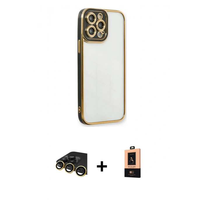 MARSİLYAN™- iPhone 13 Pro Max Kılıf Çekirdek Klasik Serisi - Şeffaf Maxco Cam Ekran Koruyucu + Raze Metal Kamera Lens - GD