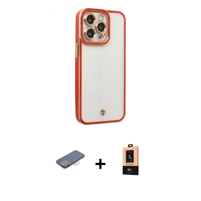 MARSİLYAN™- iPhone 13 Pro Max Kılıf Çekirdek Klasik Serisi - Şeffaf Maxco Cam Ekran Koruyucu + Renkli Kamera Lens Koruma Cam - PE