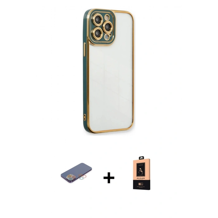 MARSİLYAN™- iPhone 13 Pro Max Kılıf Çekirdek Klasik Serisi - Şeffaf Maxco Cam Ekran Koruyucu + Renkli Kamera Lens Koruma Cam - PE