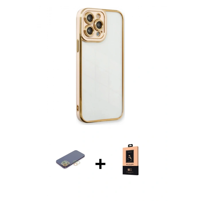 MARSİLYAN™- iPhone 13 Pro Max Kılıf Çekirdek Klasik Serisi - Şeffaf Maxco Cam Ekran Koruyucu + Renkli Kamera Lens Koruma Cam - SI