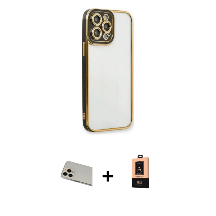 MARSİLYAN™- iPhone 13 Pro Max Kılıf Çekirdek Klasik Serisi - Şeffaf Maxco Cam Ekran Koruyucu + Rainbow Kamera Lens Koruma Cam - REGD