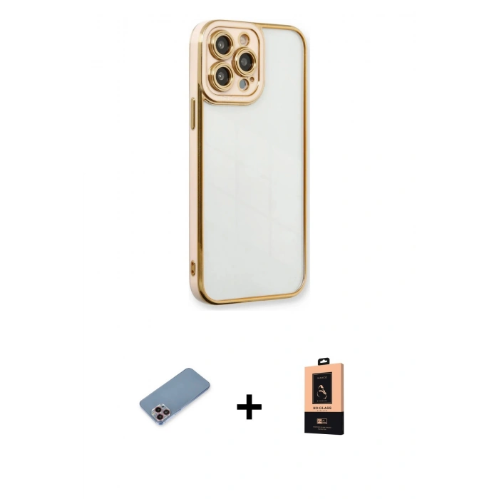 MARSİLYAN™- iPhone 13 Pro Max Kılıf Çekirdek Klasik Serisi - Şeffaf Maxco Cam Ekran Koruyucu + Shine Kamera Lens Koruma Cam - PE