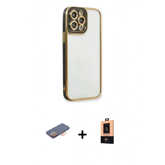MARSİLYAN™- iPhone 13 Pro Max Kılıf Çekirdek Klasik Serisi - Şeffaf Maxco Cam Ekran Koruyucu + Turuncu Renkli Kamera Lens Koruma Cam