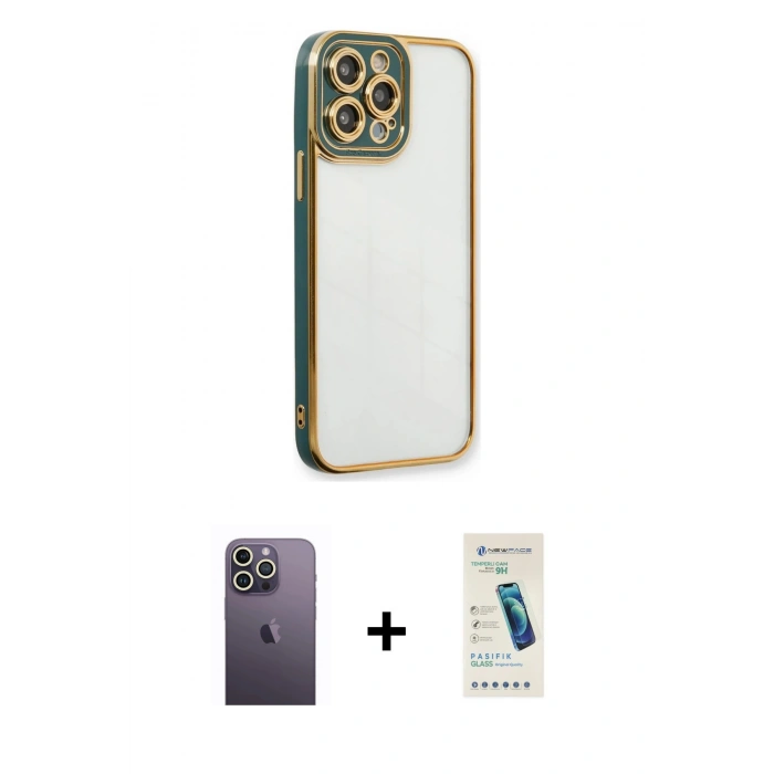 MARSİLYAN™- iPhone 13 Pro Max Kılıf Çekirdek Klasik Serisi - Şeffaf Pasifik Cam Ekran Koruyucu + Neon Fosforlu Kamera Lens - BZ