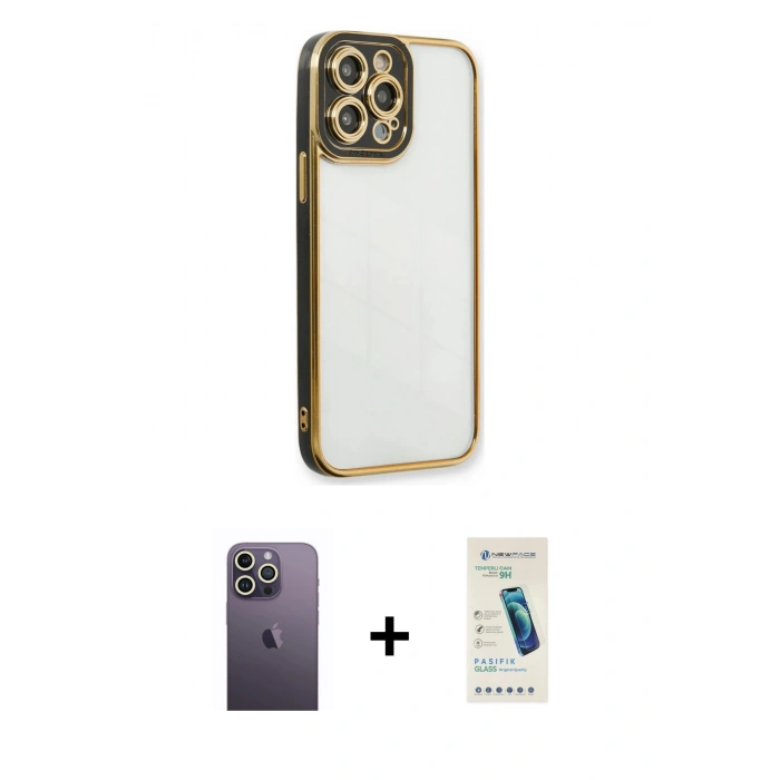 MARSİLYAN™- iPhone 13 Pro Max Kılıf Çekirdek Klasik Serisi - Şeffaf Pasifik Cam Ekran Koruyucu + Neon Fosforlu Kamera Lens - BZ