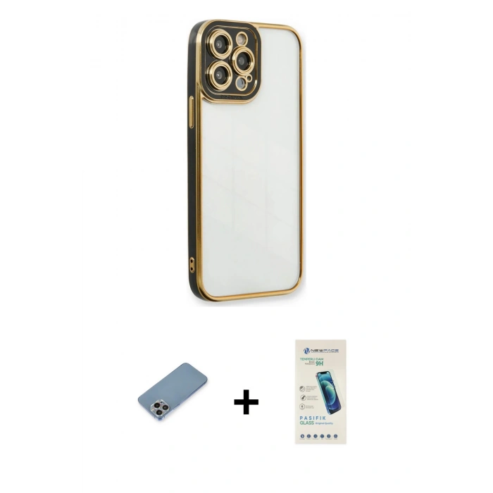 MARSİLYAN™- iPhone 13 Pro Max Kılıf Çekirdek Klasik Serisi - Şeffaf Pasifik Cam Ekran Koruyucu + Shine Kamera Lens Koruma Cam - GI