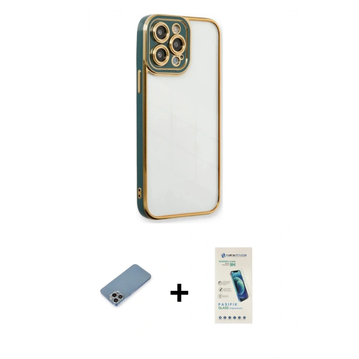 MARSİLYAN™- iPhone 13 Pro Max Kılıf Çekirdek Klasik Serisi - Şeffaf Pasifik Cam Ekran Koruyucu + Shine Kamera Lens Koruma Cam - GI