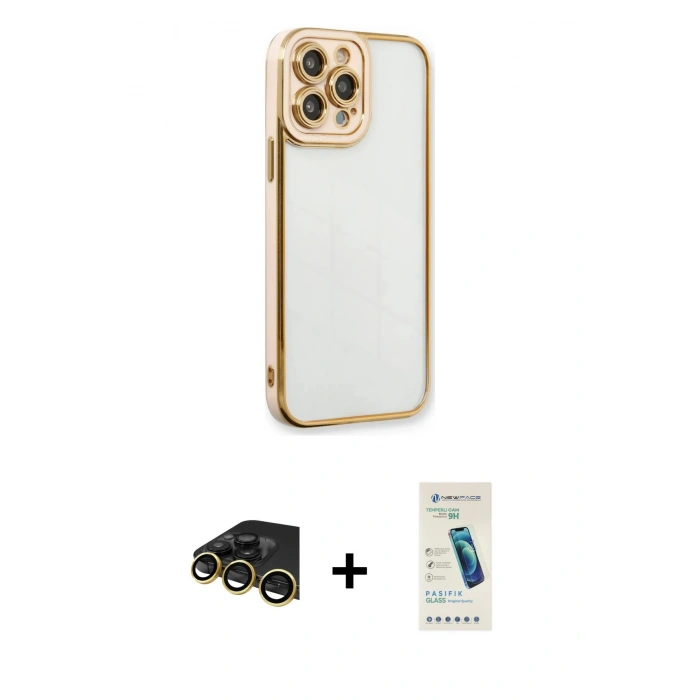 MARSİLYAN™- iPhone 13 Pro Max Kılıf Çekirdek Klasik Serisi - Şeffaf Pasifik Cam Ekran Koruyucu + Gold Raze Metal Kamera Lens
