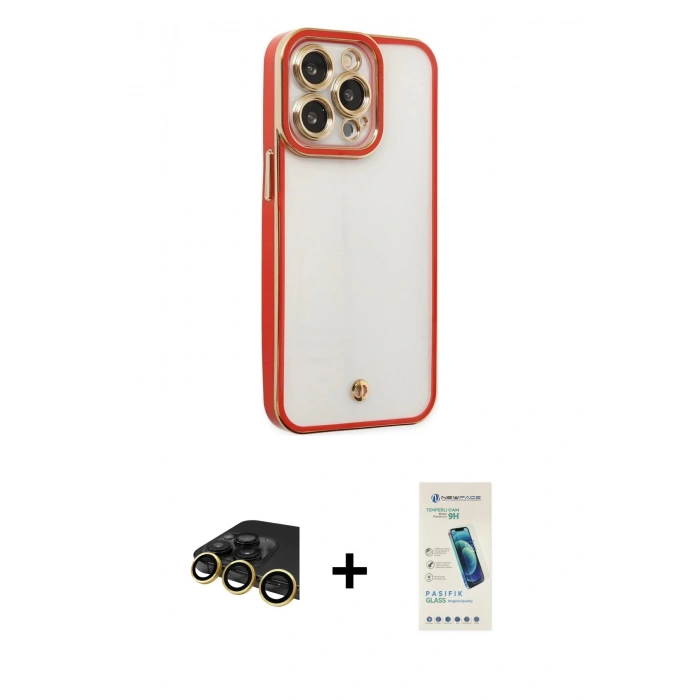 MARSİLYAN™- iPhone 13 Pro Max Kılıf Çekirdek Klasik Serisi - Şeffaf Pasifik Cam Ekran Koruyucu + Gold Raze Metal Kamera Lens