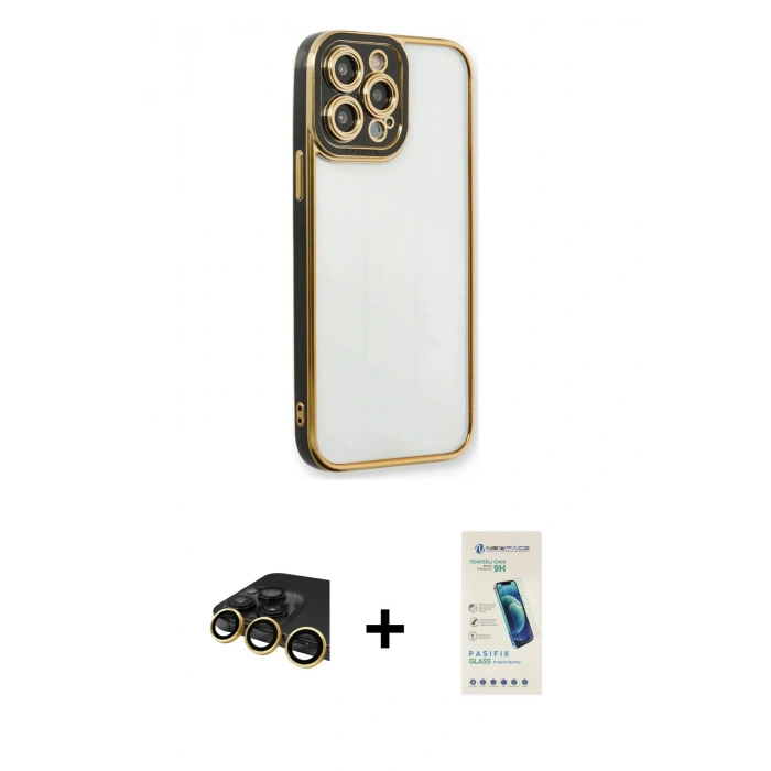 MARSİLYAN™- iPhone 13 Pro Max Kılıf Çekirdek Klasik Serisi - Şeffaf Pasifik Cam Ekran Koruyucu + Gold Raze Metal Kamera Lens