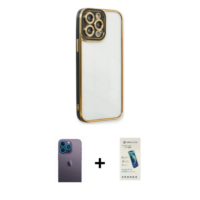 MARSİLYAN™- iPhone 13 Pro Max Kılıf Çekirdek Klasik Serisi - Şeffaf Pasifik Cam Ekran Koruyucu + Neon Fosforlu Kamera Lens - MI