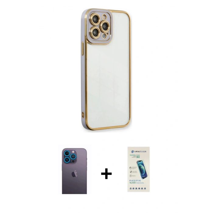 MARSİLYAN™- iPhone 13 Pro Max Kılıf Çekirdek Klasik Serisi - Şeffaf Pasifik Cam Ekran Koruyucu + Neon Fosforlu Kamera Lens - MI