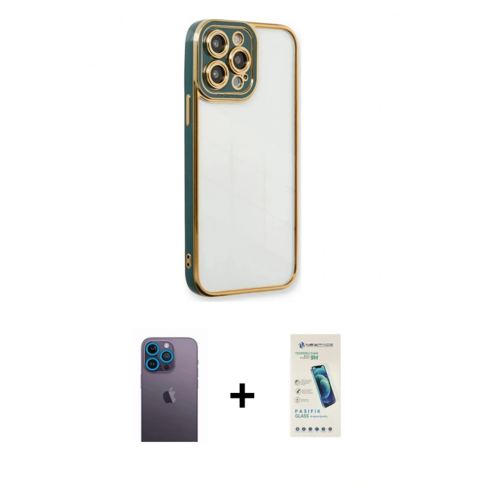 MARSİLYAN™- iPhone 13 Pro Max Kılıf Çekirdek Klasik Serisi - Şeffaf Pasifik Cam Ekran Koruyucu + Neon Fosforlu Kamera Lens - MI
