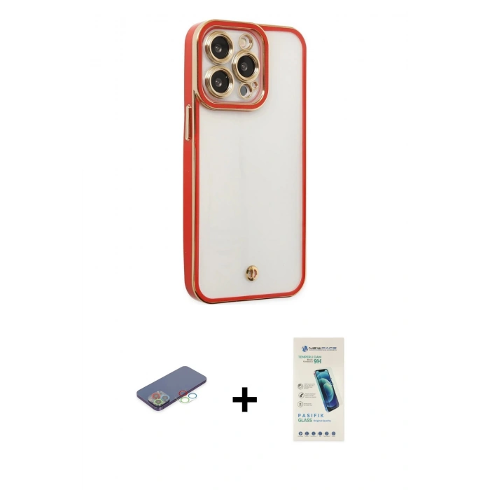 MARSİLYAN™- iPhone 13 Pro Max Kılıf Çekirdek Klasik Serisi - Şeffaf Pasifik Cam Ekran Koruyucu + Renkli Kamera Lens Koruma Cam - MI