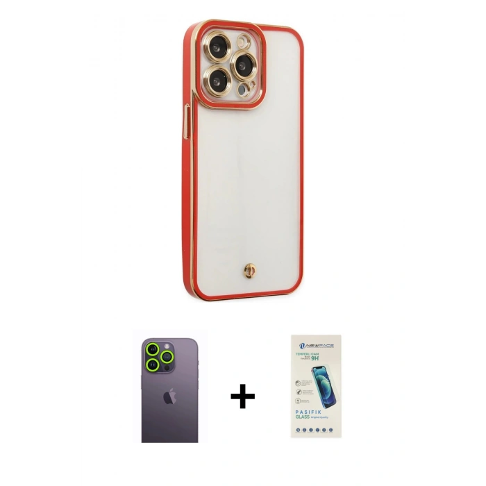 MARSİLYAN™- iPhone 13 Pro Max Kılıf Çekirdek Klasik Serisi - Şeffaf Pasifik Cam Ekran Koruyucu + Neon Fosforlu Kamera Lens - YL