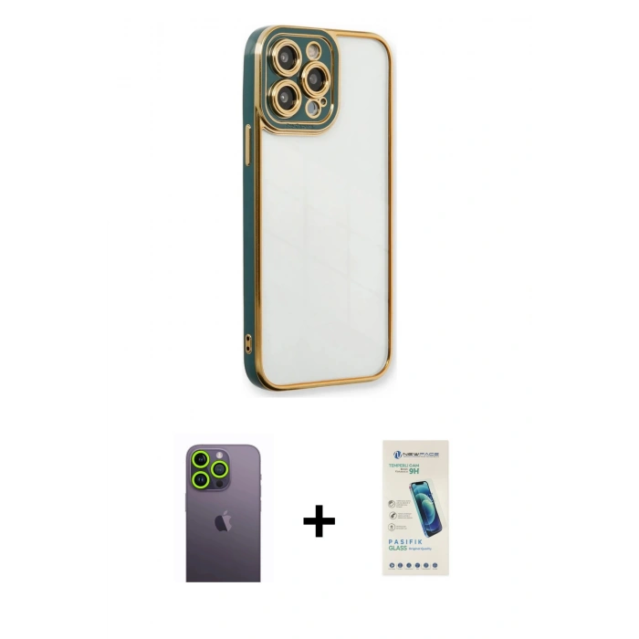 MARSİLYAN™- iPhone 13 Pro Max Kılıf Çekirdek Klasik Serisi - Şeffaf Pasifik Cam Ekran Koruyucu + Neon Fosforlu Kamera Lens - YL