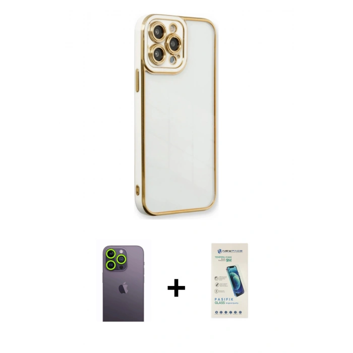 MARSİLYAN™- iPhone 13 Pro Max Kılıf Çekirdek Klasik Serisi - Şeffaf Pasifik Cam Ekran Koruyucu + Neon Fosforlu Kamera Lens - YL