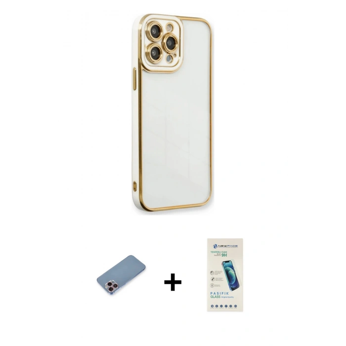 MARSİLYAN™- iPhone 13 Pro Max Kılıf Çekirdek Klasik Serisi - Şeffaf Pasifik Cam Ekran Koruyucu + Pembe Shine Kamera Lens Koruma Cam